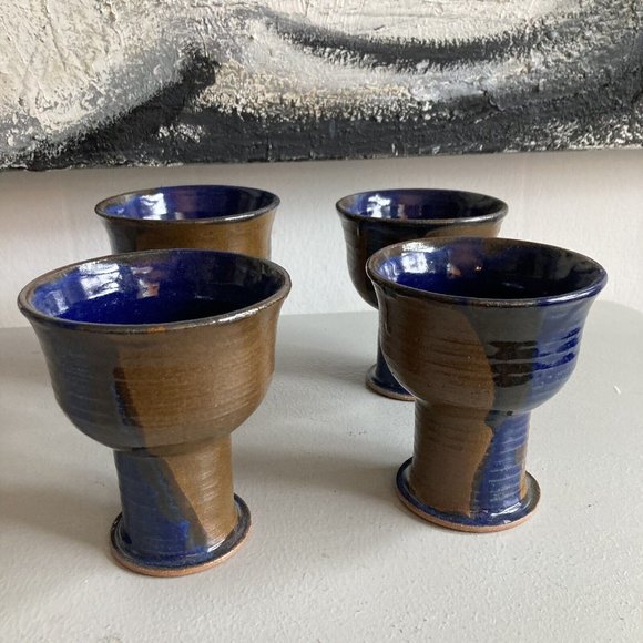 Studio Stoneware Wine Goblets lot of 4 Art Pottery Chunky Foot Chalice Rustic H… - Picture 11 of 11